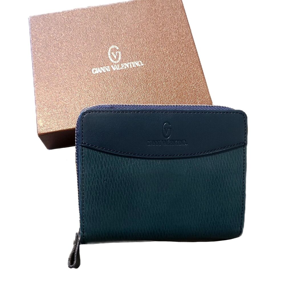 Gianni Valentino Leather Bifold Wallet Zip Around Blue Green Rare Vintage 2000s